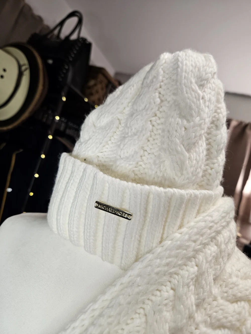 Michael Kors Cream Cable Knit Beanie and Scarf Set